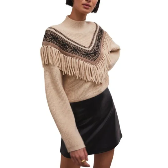 Z Supply Cream Fringe Fair Isle Crew Sweater - Picture 1 of 5